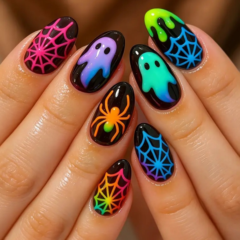 🎃 Halloween Press On Nails Black / Neon Spider Ghost  Manicure Nails Set
